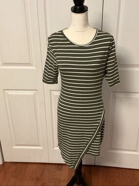 Striped Olive Green Mini Dress with Asymmetrical Hem